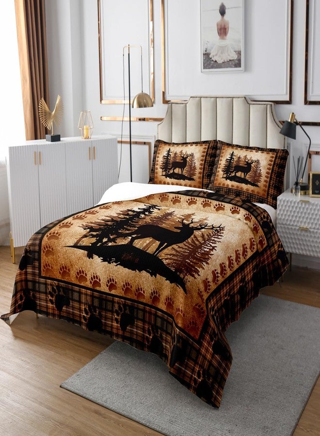 Castle Fairy Deer Bear Plaid Bedspread King Size for Adult Women,Animal Hunting Bear Print Quilt Set with 2 Pillowcases,Pine Trees Rustic Retro Grid Decor Bedding Quilted,Breathable - Image 2