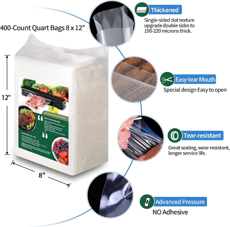 AENTGIU 400 Vacuum Sealer Storage Bags, 8x12 Inch Seal a Meal Bags, BPA Free Quart Bags, Compatible with All Heat Vacuum Sealers Machine, Heavy Duty, Ideal for vac storage, Meal Prep or Sous Vide - Image 4