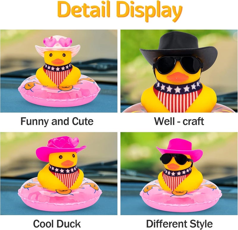 wonuu Car Rubber Duck Decoration, Cute Car Accessories West Cowboy Duck Car Dashboard Decoration with Mini Swim Ring Cowboy Hat Scarf and Sunglasses - Image 4