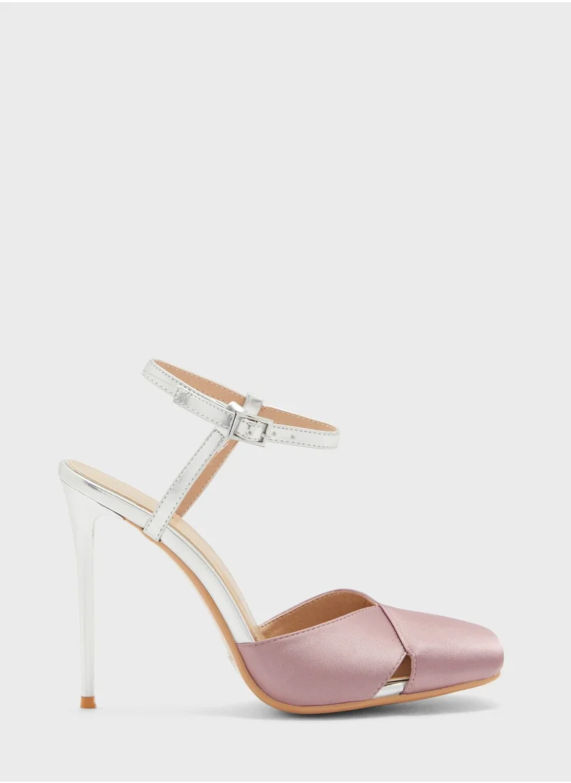 Khizana Satin Woven Ankle Strap Pump