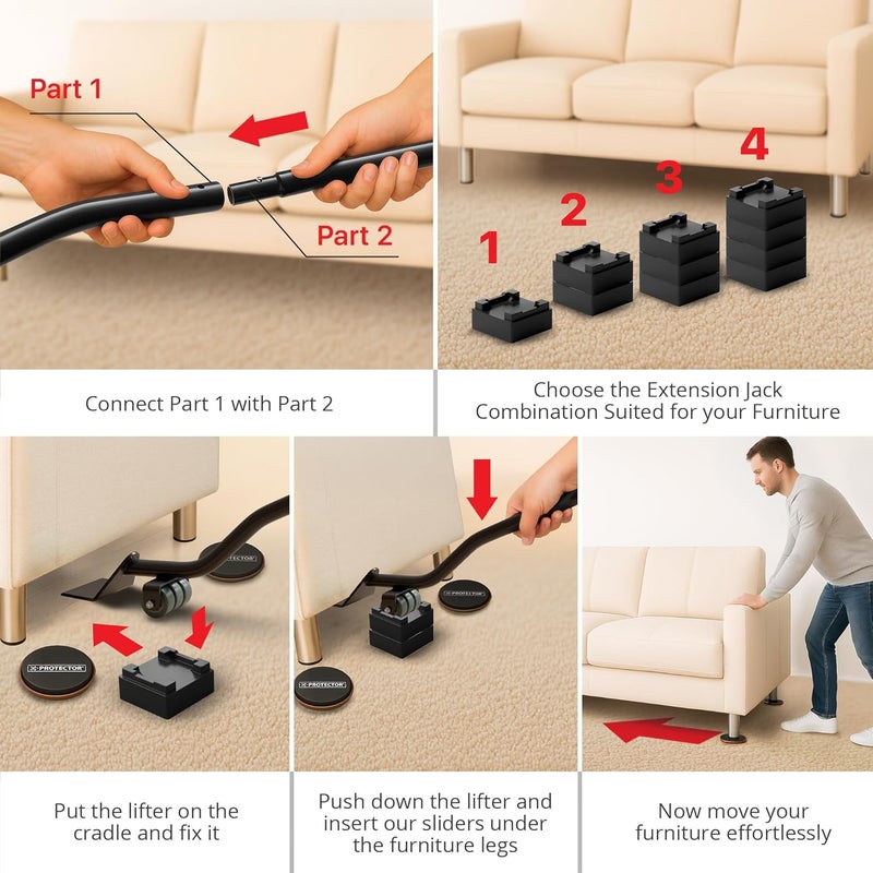 X-Protector Furniture Sliders for Carpet & Furniture Lifter Tool Set - 4 PCS 3 1/2" Sliders for Furniture with Foldable Furniture Jack. Move Your Furniture Easily with Furniture Movers for Carpets! - Image 5