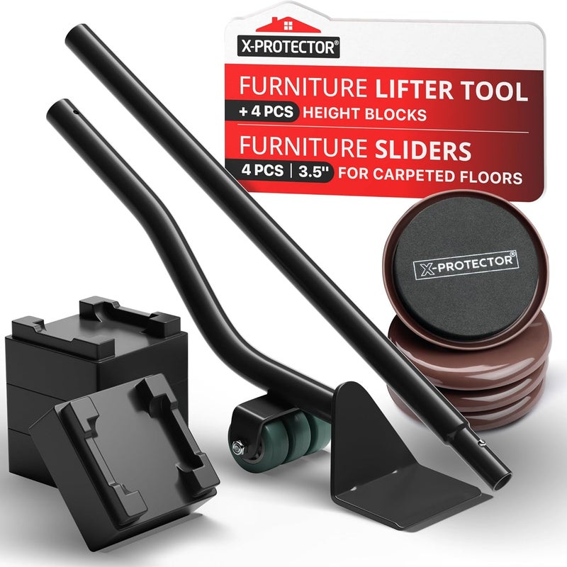 X-Protector Furniture Sliders for Carpet & Furniture Lifter Tool Set - 4 PCS 3 1/2" Sliders for Furniture with Foldable Furniture Jack. Move Your Furniture Easily with Furniture Movers for Carpets! - Image 1