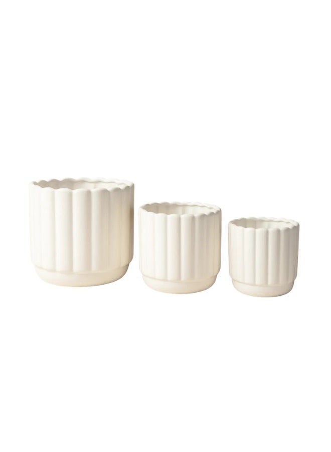Lacoz Set of 3 Decorative Fluted Plant Pots with Drainage Tray Modern Round Flower Pots for Indoor & Outdoor Plants,Home, Balcony, Patio & Office Decor White - Image 1