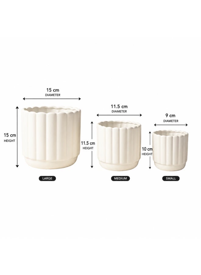 Lacoz Set of 3 Decorative Fluted Plant Pots with Drainage Tray Modern Round Flower Pots for Indoor & Outdoor Plants,Home, Balcony, Patio & Office Decor White - Image 5