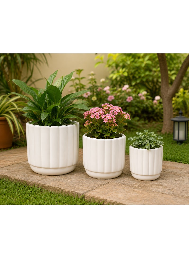 Lacoz Set of 3 Decorative Fluted Plant Pots with Drainage Tray Modern Round Flower Pots for Indoor & Outdoor Plants,Home, Balcony, Patio & Office Decor White - Image 3