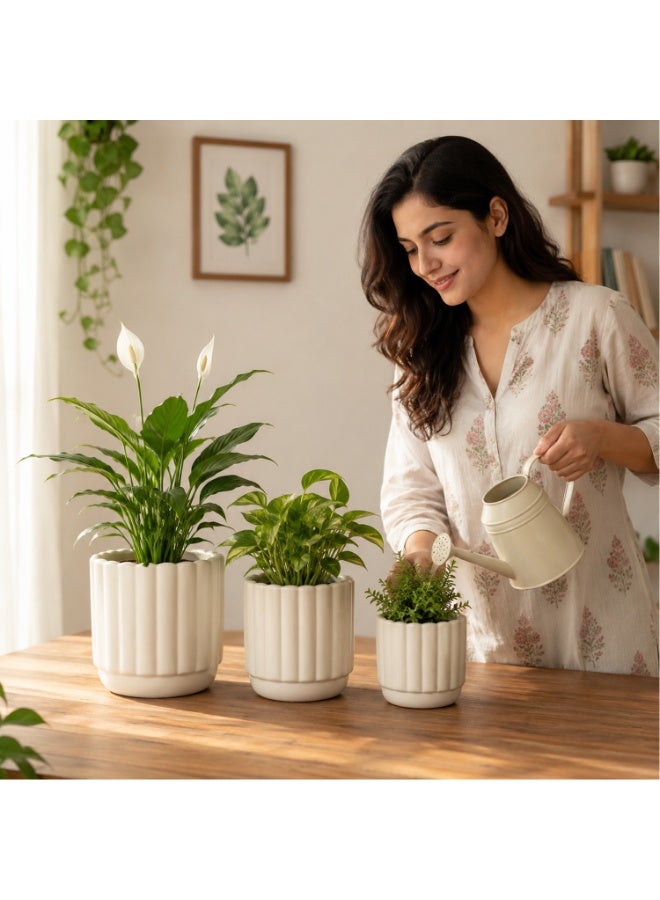 Lacoz Set of 3 Decorative Fluted Plant Pots with Drainage Tray Modern Round Flower Pots for Indoor & Outdoor Plants,Home, Balcony, Patio & Office Decor White - Image 4