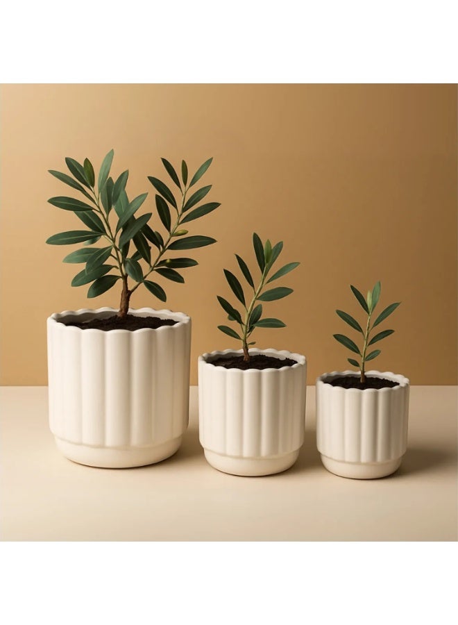 Lacoz Set of 3 Decorative Fluted Plant Pots with Drainage Tray Modern Round Flower Pots for Indoor & Outdoor Plants,Home, Balcony, Patio & Office Decor White - Image 2
