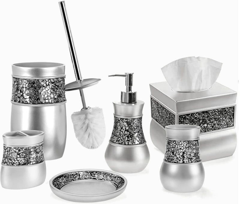 Creative Scents Crackled Glass Silver Bathroom Accessories Set  6 Piece Bathroom Set Includes Toilet Brush and Holder Set Tissue Box Cover Toothbrush Holder Soap Dispenser Soap Dish  Tumbler 