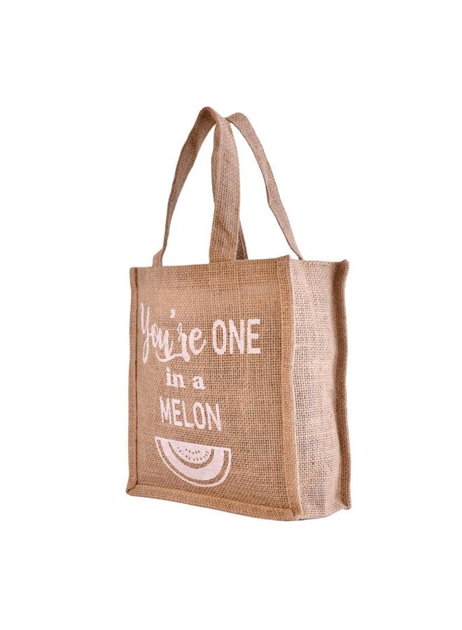 Kuber Industries Kuber Industries Lunch Bag | Jute Carry Bag | Lunch Handbag | Lunch Bags for office | Reusable Lunch Bag with Handle | Tiffin Carry Hand Bag | Melon-Print Lunch Bag | Small | Brown  - Image 3