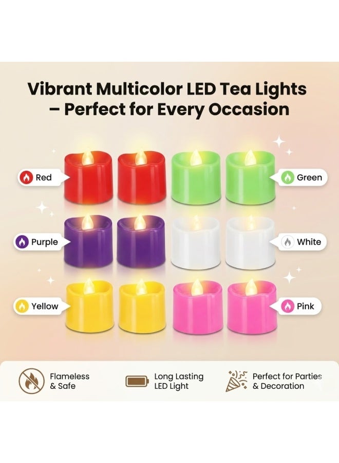 12 Pcs Flameless LED Tealight Candles, Battery Operated Flickering Tea Lights, Multicolor Decorative LED Candles for Home, Anniversary, Wedding Centerpiece Table Decor, Funeral, Halloween & Party Décor - Image 2