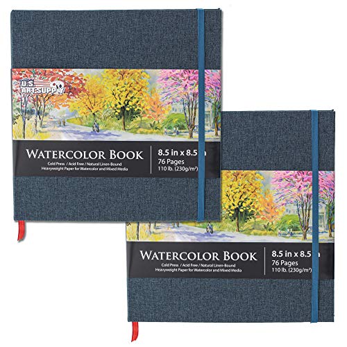 US Art Supply 85 x 85 Watercolor Book 2 Pack 76 Sheets Each  110lb 230 GSM LinenBound Hardcover Artist Paper Pads  AcidFree ColdPressed Watercolor Paper Pad Mixed Media