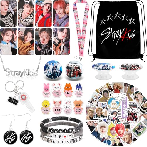 Japior Stray Kids MerchStray Kids Gift Set with Drawstring Bag 8 Cartoon Badges50 Stickers8 Photocards3 Themed Bracelets NecklaceEarrings KeychainStraykids Lanyards for Fans - Image 1