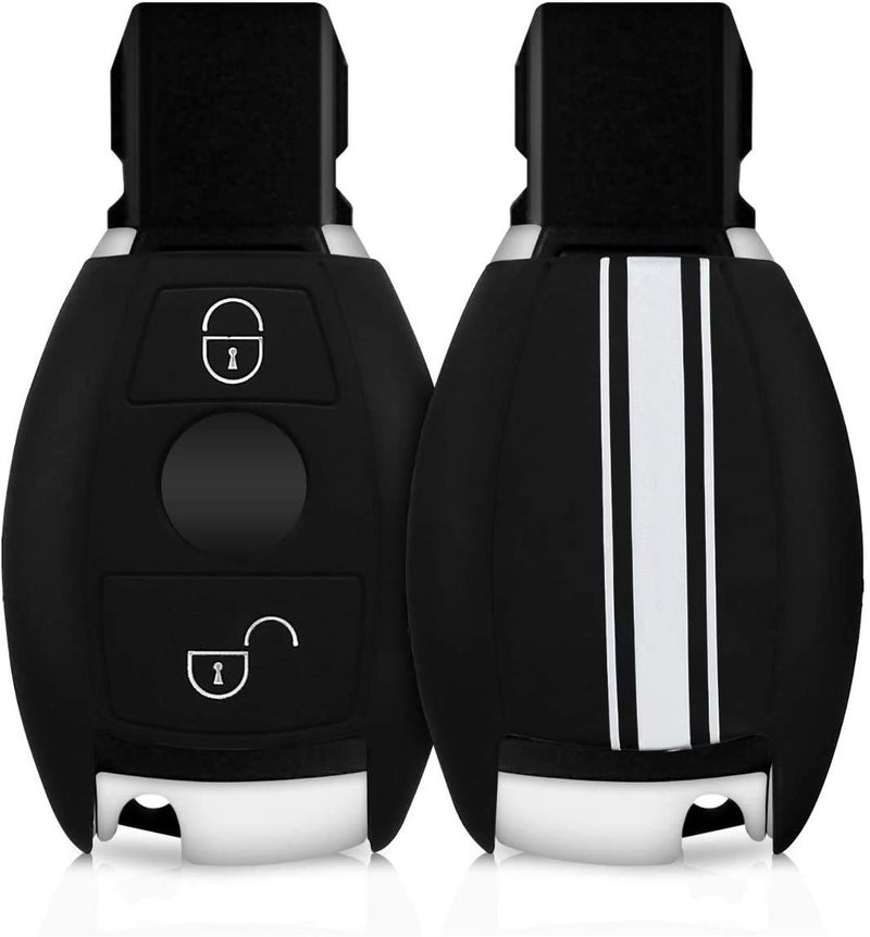 JVCV® Silicone Key Cover Compatible with Mercedes Benz C E M S CLS CLK GLK GLC G Class 2 Button Smart Key - Rally Stripe (Black White) - Image 1