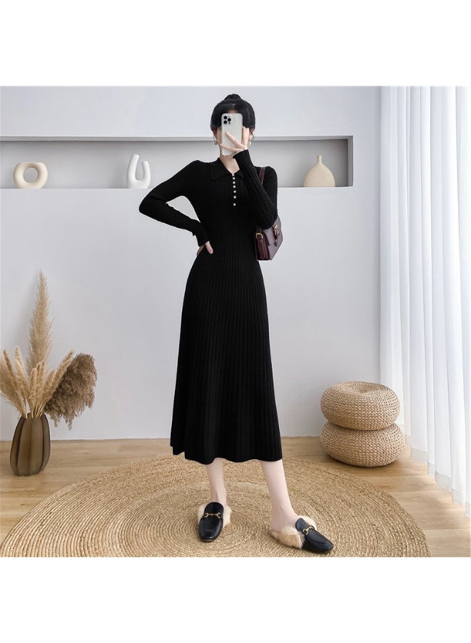 فستان طويل محبوك مخطط لخريف النساء، خصر عالي، أنيق، بأكمام طويلة، طية صدر، ملابس محبوكة فضفاضة، فستان ماكسي