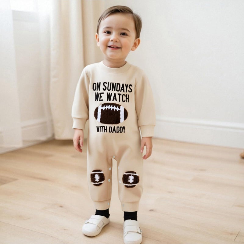allshope Newborn Baby Boy Girl Fall Outfit Romper Long Sleeve Football Embroidery Jumpsuit Bodysuit Cute Infant Clothes (On Sundays We Watch Football With Daddy Khaki, 3-6 Months) - Image 3