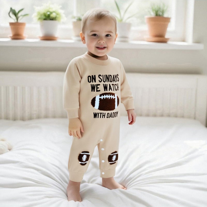 allshope Newborn Baby Boy Girl Fall Outfit Romper Long Sleeve Football Embroidery Jumpsuit Bodysuit Cute Infant Clothes (On Sundays We Watch Football With Daddy Khaki, 3-6 Months) - Image 2