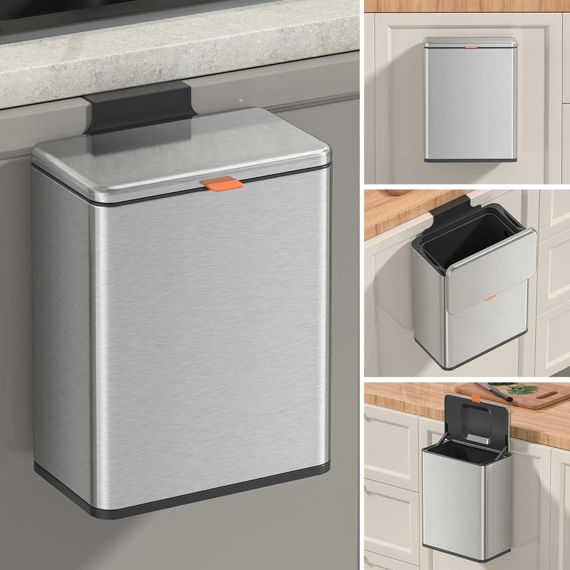 Mbillion Kitchen Compost Bin Hanging Trash Can with Lid 2.1 Gallon Stainless Steel Garbage Can for Kitchen Cabinet Door Mounted Trash Can Under Sink Door RV Bathroom,Silver - Image 1
