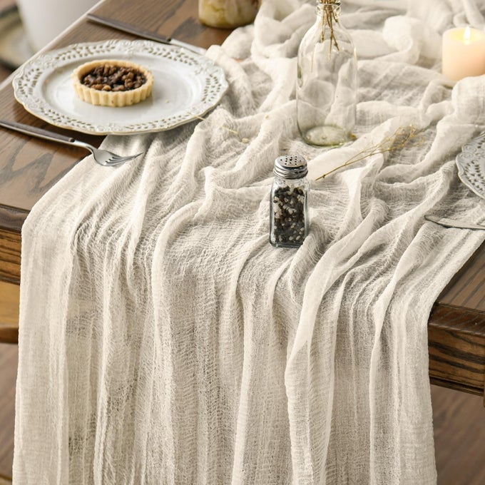 BOHO CHEESECLOTH GAUZE BEIGE WEDDING TABLE RUNNER 120 INCH SEASONAL FABRIC KITCHEN DINING HOLIDAY TABLE DECOR FOR HOME PARTY INDOOR