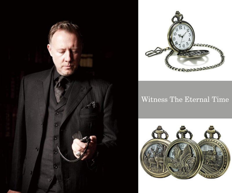 SEWOR Japan Quartz Movement Pocket Watch with Double Chain (Metal & Leather) (Eagle) - Image 2