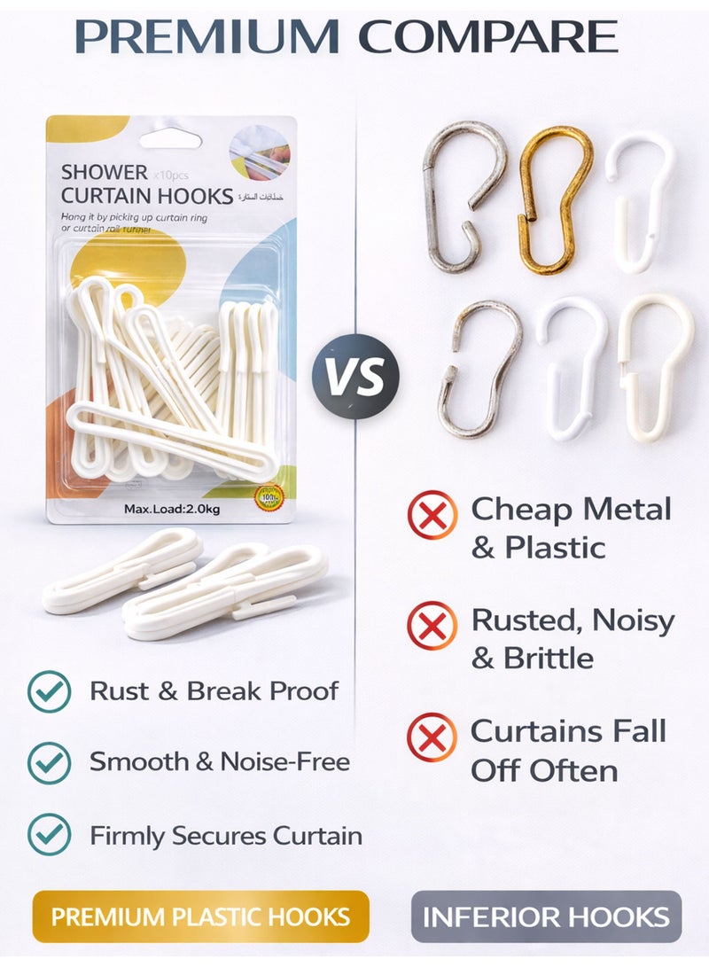 10 PCS Shower Curtain Hooks White, Plastic Curtain Hooks 75mm Width, Heavy Duty Hooks for Bathroom Curtain & Liner - Image 4