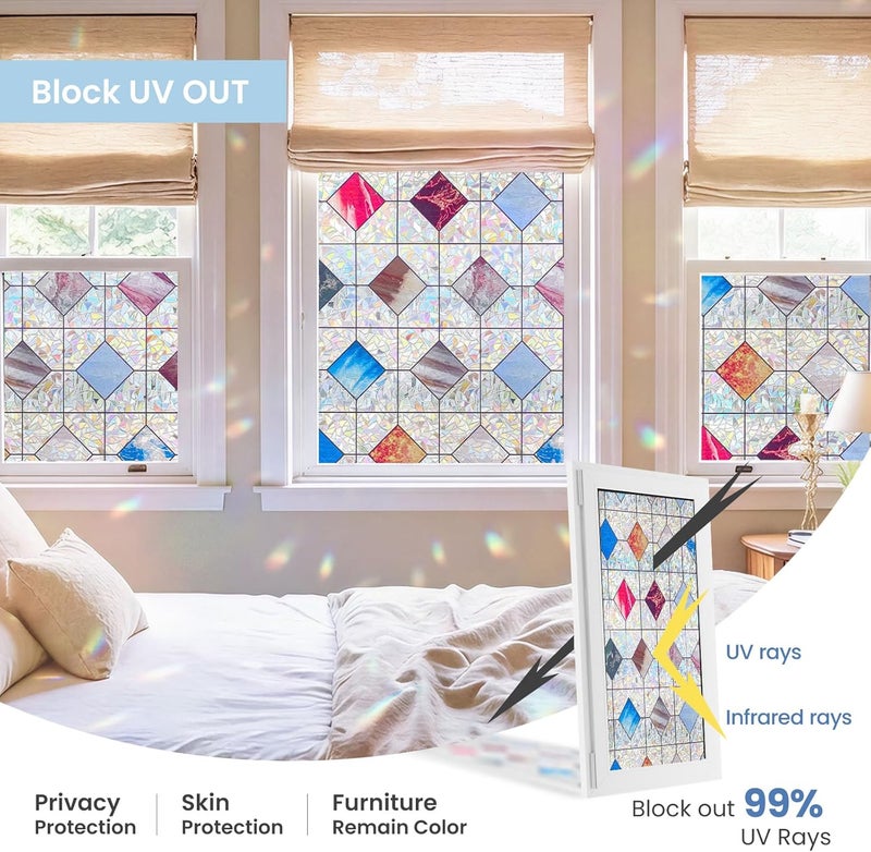 ADD.HERES Window Privacy Film Home Room Bathroom Spring Decor Car Decorations, Stained Glass Window Film, Static Cling Window Film, Window Tint，Rainbow Window Film (Iridescent Diamond, 17.5" x 78.7") - Image 2