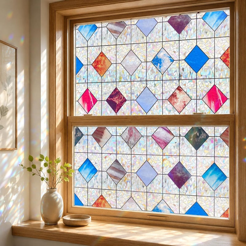 ADD.HERES Window Privacy Film Home Room Bathroom Spring Decor Car Decorations, Stained Glass Window Film, Static Cling Window Film, Window Tint，Rainbow Window Film (Iridescent Diamond, 17.5" x 78.7") - Image 1