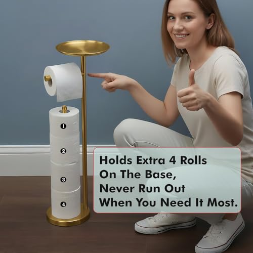 Sfemn Freestanding Toilet Paper Holder with Shelf, Gold Toilet Paper Stand with Storage Tray and Space for 4 Extra Rolls - Image 4