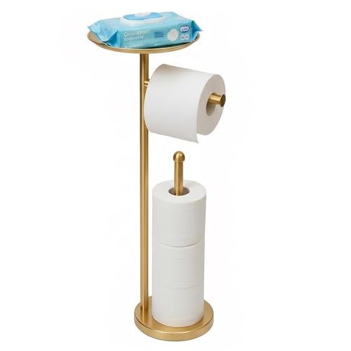 Sfemn Freestanding Toilet Paper Holder with Shelf, Gold Toilet Paper Stand with Storage Tray and Space for 4 Extra Rolls - Image 1