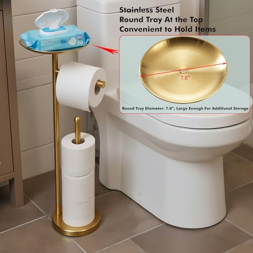 Sfemn Freestanding Toilet Paper Holder with Shelf, Gold Toilet Paper Stand with Storage Tray and Space for 4 Extra Rolls - Image 2