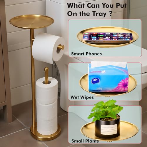 Sfemn Freestanding Toilet Paper Holder with Shelf, Gold Toilet Paper Stand with Storage Tray and Space for 4 Extra Rolls - Image 3