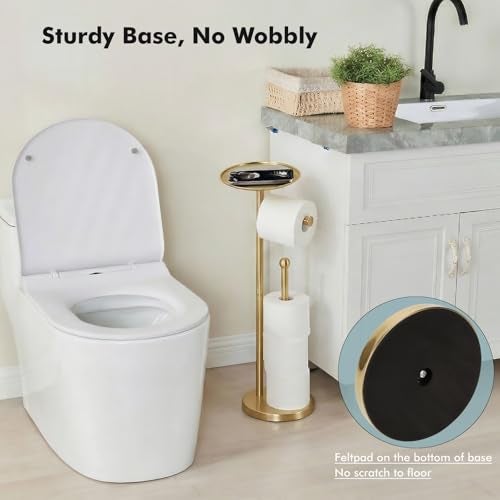 Sfemn Freestanding Toilet Paper Holder with Shelf, Gold Toilet Paper Stand with Storage Tray and Space for 4 Extra Rolls - Image 5