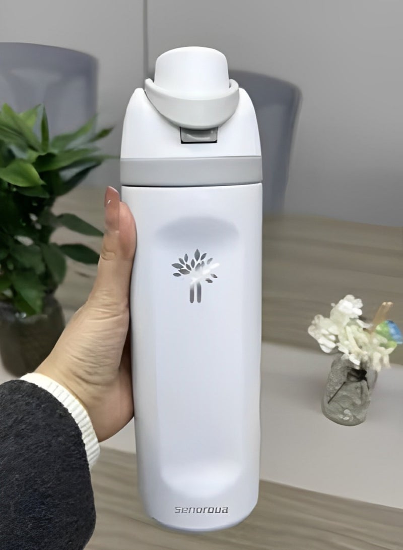 Serenova Leak-Proof 2-in-1 Stainless Steel Water Bottle with Straw & Handle – 24oz, 12H Hot & 24H Cold | BPA-Free, Double-Wall Insulated Thermos | For Gym, Office, School, Travel (White)