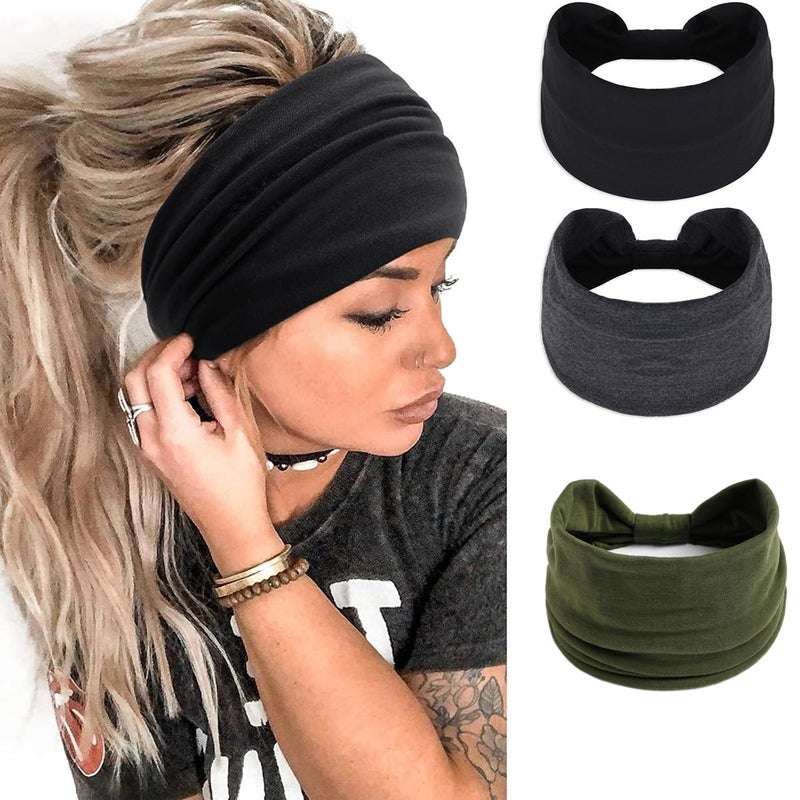 Melodio 3pack Womens Wide Brim Turban Headbands Sports Yoga Headbands Solid Color Cotton Wide Brim Turban Headbands - Image 1