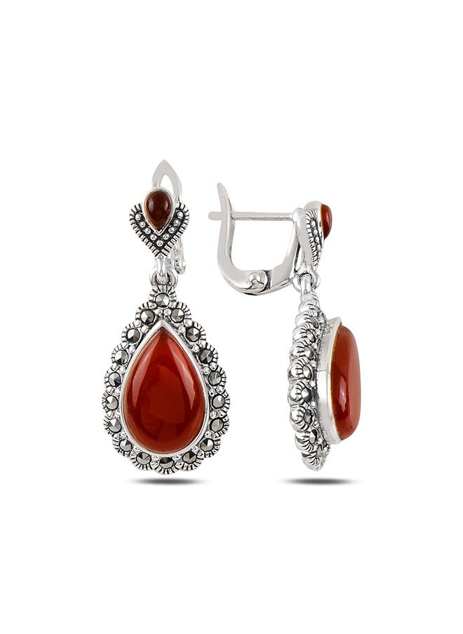 EMNON - 925 Silver-Natural Marcasite & Red Agate Dangle Earrings-High-Quality Jewelry in UAE Dubai 100% Precious Metal Gift for Women-EMNON105EA-E99328 - Image 1