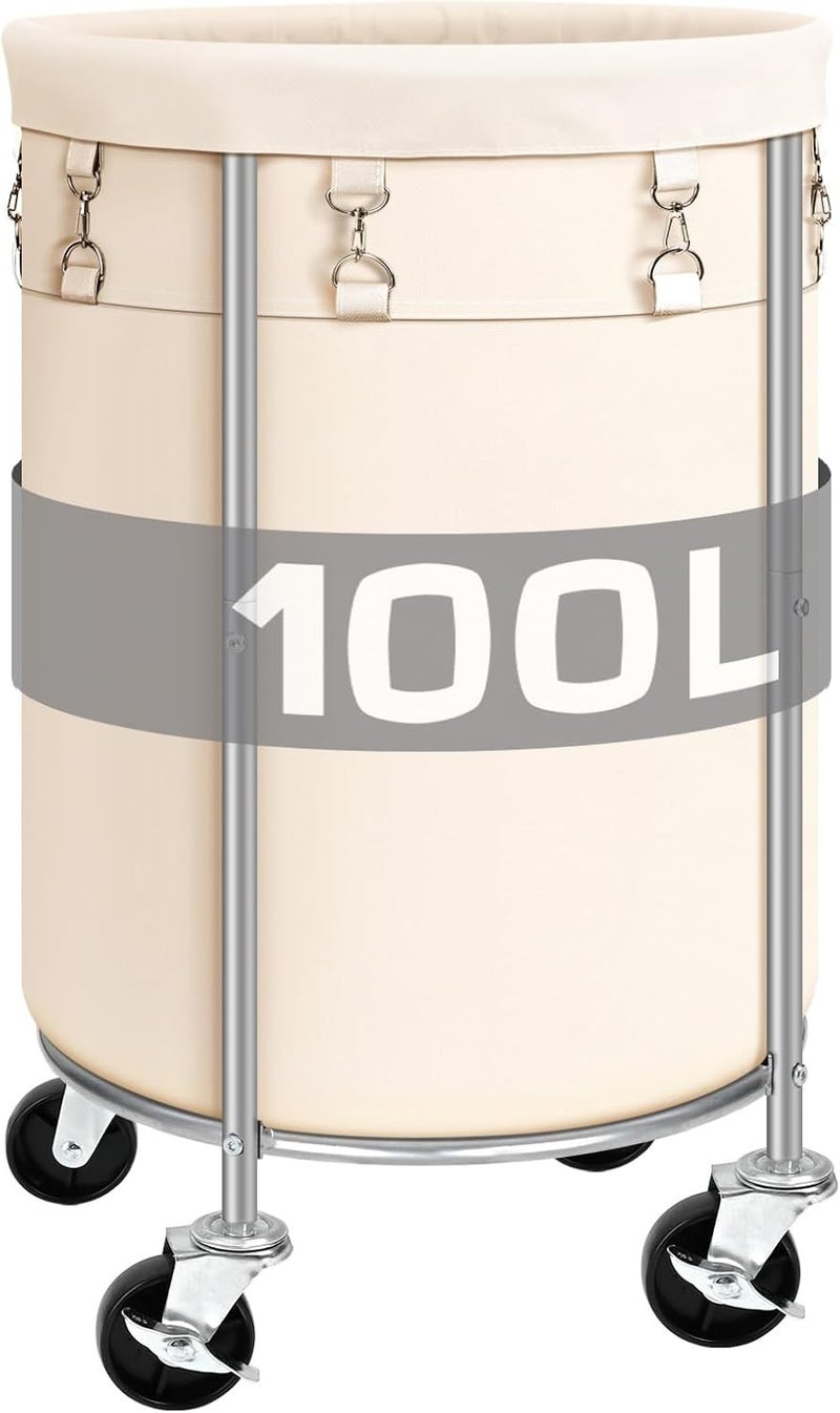 Ollieroo 100L Laundry Hamper with Wheels, Round Rolling Laundry Basket, Steel Frame and Removable Bag, Beige - Image 1