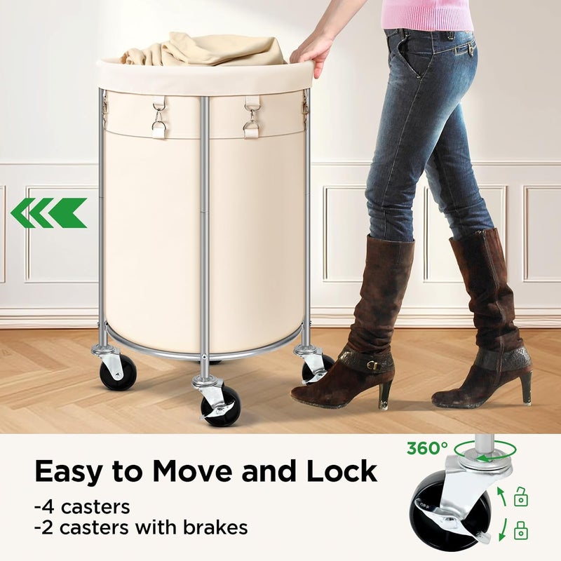Ollieroo 100L Laundry Hamper with Wheels, Round Rolling Laundry Basket, Steel Frame and Removable Bag, Beige - Image 5
