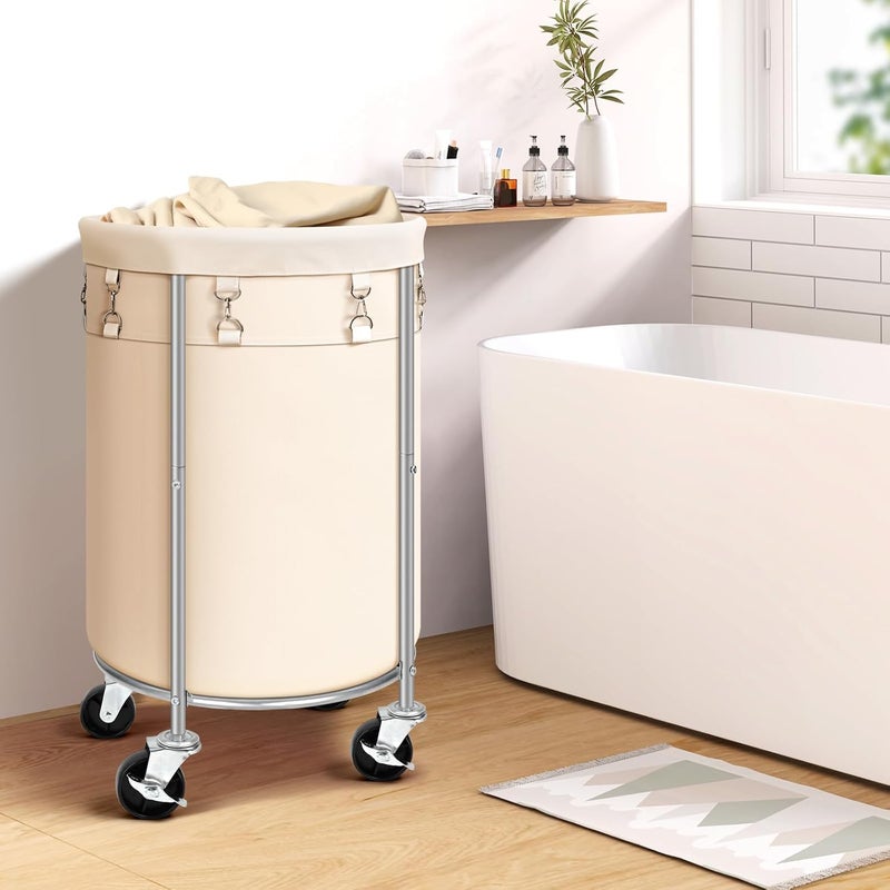 Ollieroo 100L Laundry Hamper with Wheels, Round Rolling Laundry Basket, Steel Frame and Removable Bag, Beige - Image 2