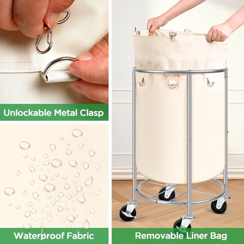 Ollieroo 100L Laundry Hamper with Wheels, Round Rolling Laundry Basket, Steel Frame and Removable Bag, Beige - Image 4