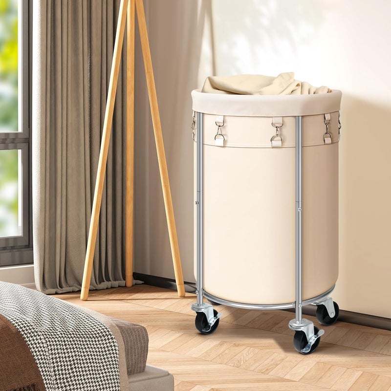 Ollieroo 100L Laundry Hamper with Wheels, Round Rolling Laundry Basket, Steel Frame and Removable Bag, Beige - Image 3