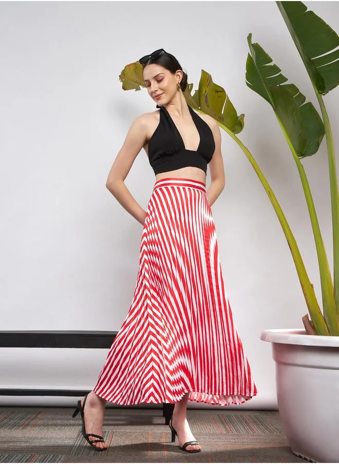 SASSAFRAS Striped Pleated A-Line Satin Skirt