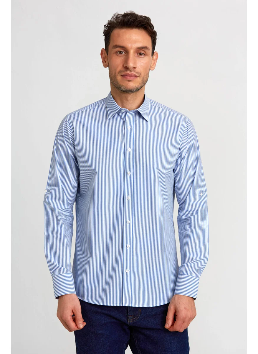 Bisse Pasha Collar Buttoned Regular Fit Uk Shirt Blue GMCZG3PS22400003_D35