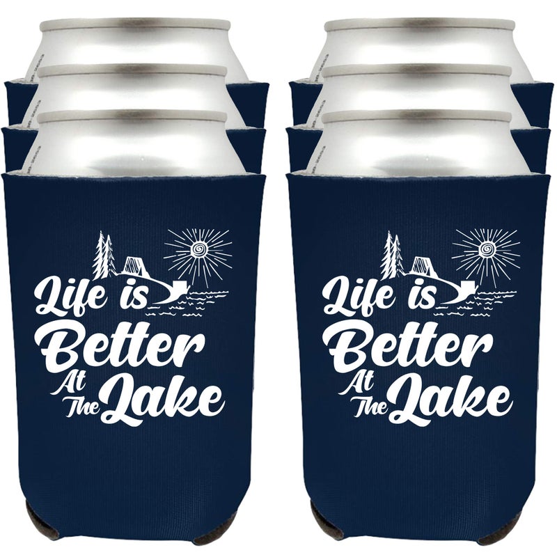 Shop4Ever Life is Better At The Lake Can Sleeve Cooler Insulated Drink Coozies Soda Beer Hugger Coolies (Navy  6 Pk)  - Image 1