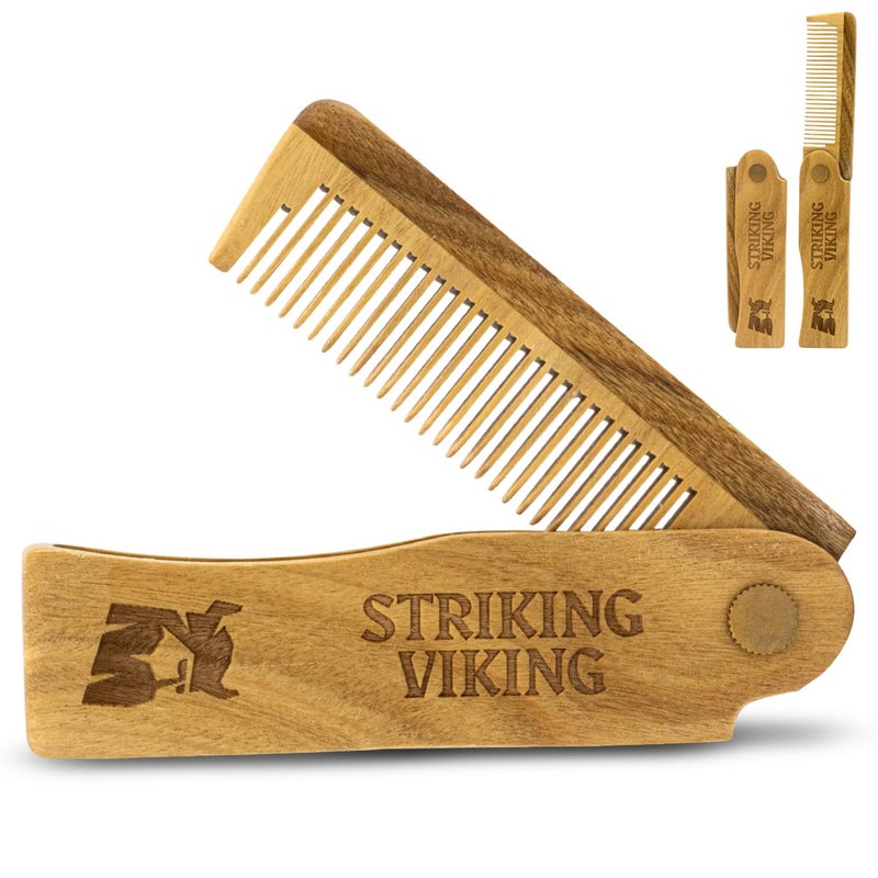 Striking Viking Folding Wooden Comb for Men - Sandalwood Switchblade Beard Comb for Grooming and Styling - Use Dry or With Oils & Balms - Image 1