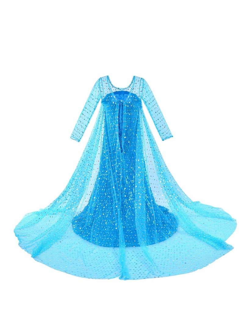 Cute Girls' Princess Dress Costume with Sparkling Long Cape for Birthday Parties, 130cm, Blue Color, Perfect for Dress-Up and Special Occasions  - Image 4
