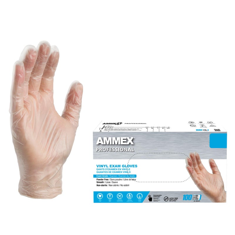 AMMEX Clear Vinyl Disposable ExamMedical Gloves 3 Mil LatexPowderFree FoodSafe Smooth NonSterile Small Box of 100