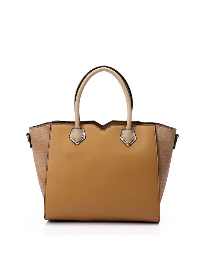 Multi Pockets Zipped Top Handle Bag - Camel & Beige