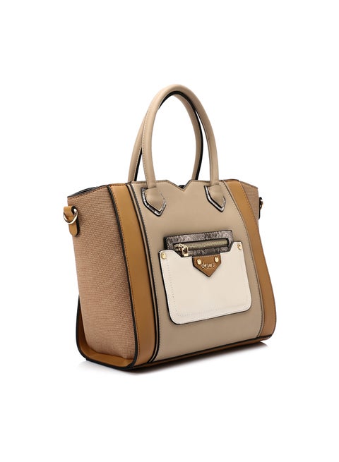 Multi Pockets Zipped Top Handle Bag - Camel & Beige