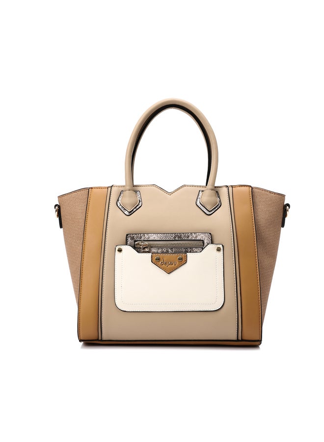 Multi Pockets Zipped Top Handle Bag - Camel & Beige