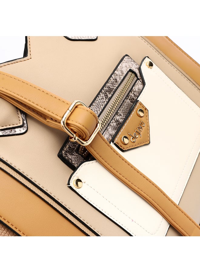 Multi Pockets Zipped Top Handle Bag - Camel & Beige
