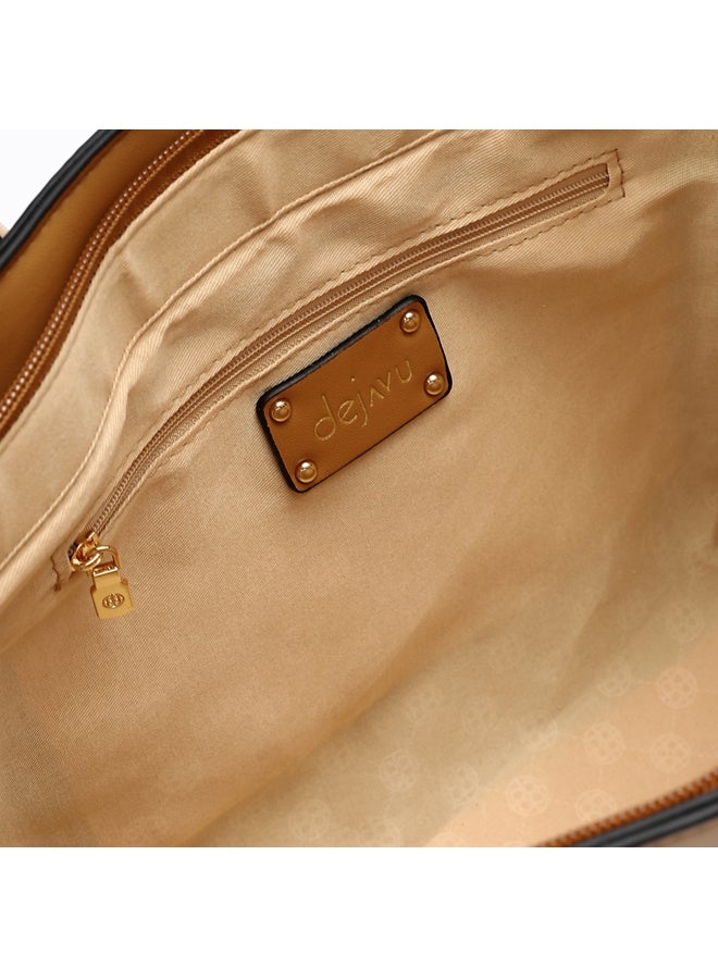 Multi Pockets Zipped Top Handle Bag - Camel & Beige